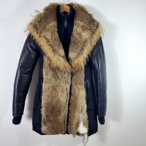 RUDSAK Black Leather Jacket with Beige/Brown genuine Fur collar and front